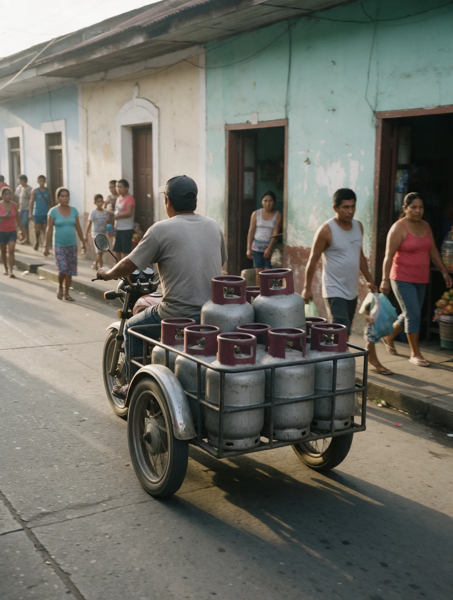 Motocarro cargado con balones de GLP recorriendo una calle de Iquitos